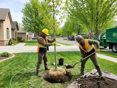 Two arborists planting a young maple tree in a Boise Idaho front yard